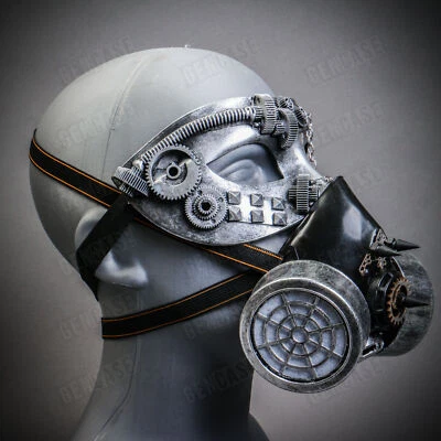 Steampunk Eye Mask with Face Cover Respirator Burning Man Cosplay Costume Silver - Image 1 of 4