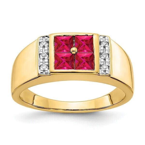 14k Yellow Gold Princess Cut Natural Ruby and Diamond Men's Ring Wedding Gift - Image 1 of 4