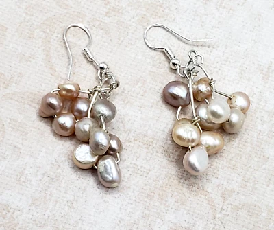 "Pendientes de gancho genuinos de plata de ley 925 con perlas rosas, blancas y grises de 2"" pulgadas" Foto 1 de 4
