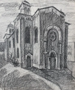 Vintage original charcoal drawing landscape with church - Picture 1 of 14