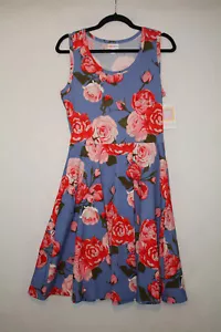 Neu mit Etikett LuLaRoe Gr. M Nicki Trägerkleid blau mit rosa roten Rosen Taschen - Bild 1 von 4