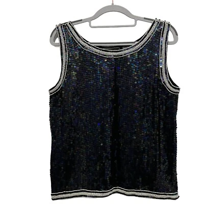 Sequin Tank Top Women SZ S Shell Pearl Trim Party Silk 90s New Years Eve Festive - Image 1 of 4