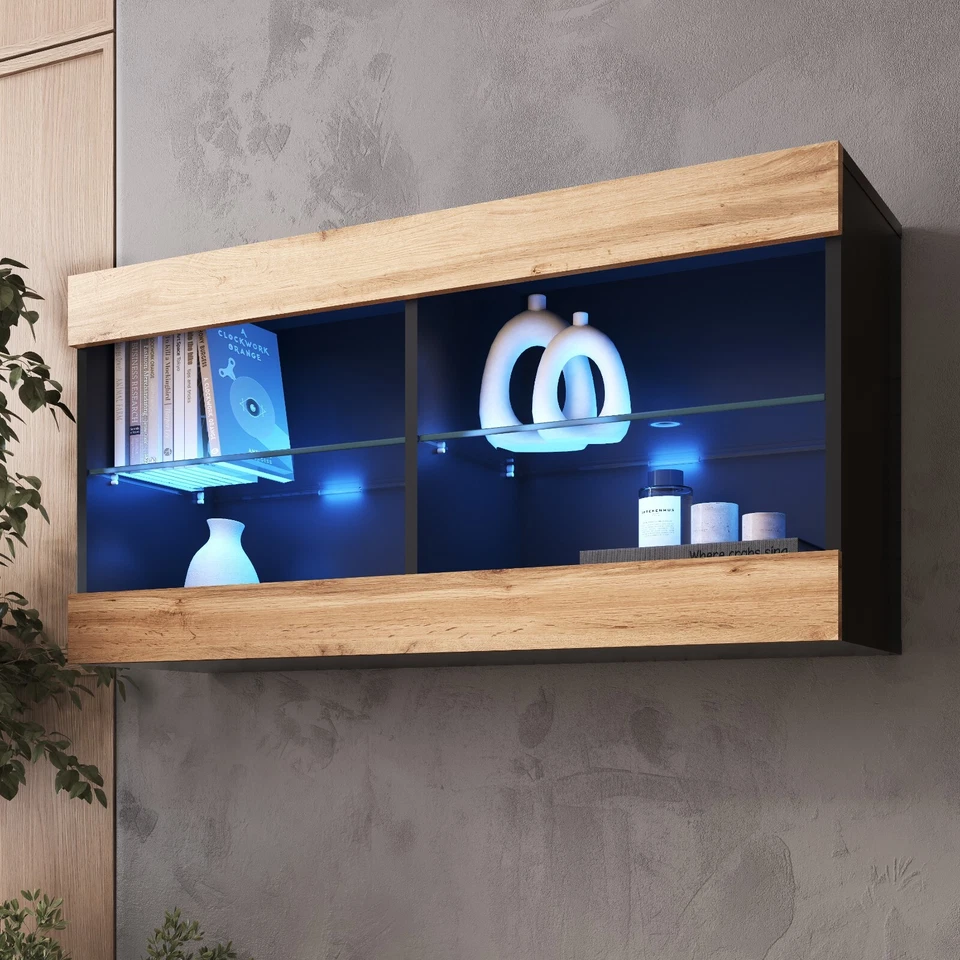 NEU komodee Hängevitrine Tivoli Horizontal, Schwarz Weiß Eiche Wotan LED Option - Bild 1 von 3