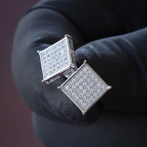 Men's Hip Hop Micro Pave Sterling Silver Iced CZ Square Screwback Bling Earrings - Picture 1 of 5
