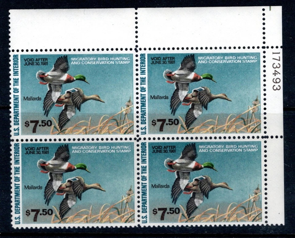 USA 1980 Federal Duck Stamp- Sc #RW47 Plate Blk Mint $7.50 Mallards OG & NH, XF - Image 1 of 1