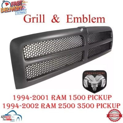 NEW FRONT BLACK GRILLE & OEM EMBLEM 2PC FITS 1994-2002 RAM 1500 2500 3500 PICKUP Foto 1 de 4