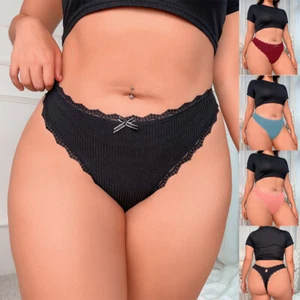 Plus Size Womens Lace Solid Thong Panties Ladies Bow G-string Underwear Brief US - Picture 1 of 31