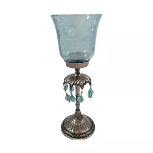 11" Blue Crackled Glass And Pewter Candle Holder - Picture 1 of 7