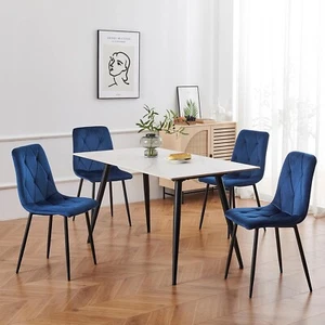 6er Set Samt Blau Küche Esszimmer Wohnzimmer Stühle Weich Gepolstert Sitz Metallbeine - Bild 1 von 25