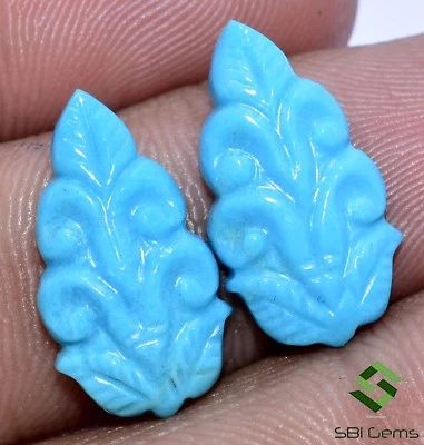 8.74 Cts Certified Natural Turquoise Hand Made Carving Pair 19x10 mm Gemstones - Image 1 of 4