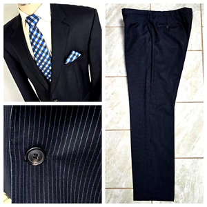 HUGO BOSS "The James Sharp 2" Stretch Wool Blend Suit Dark Blue Striped 46R - Picture 1 of 17