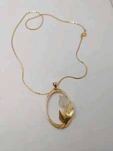 Vintage 1990s Gold Tone 17" Chain With Oval pendant Tulip Inside Necklace  - Picture 1 of 9