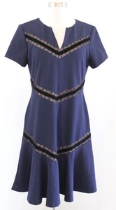Ivanka Trump Navy Blue Velvet Lace Trim Flounce Hem Dress Size 8 Short Sleeve - Picture 1 of 5