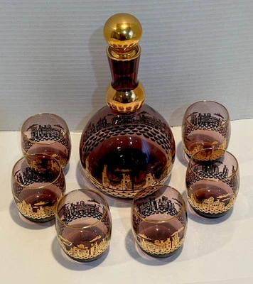 Antigo Decantador de vidro arte boêmia e 6 copos ametista roxa clara - dourado dourado - Imagem 1 de 4