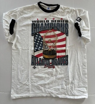 Camisa masculina vintage Starter Atlanta Braves World Series tamanho GG fabricada nos EUA - Imagem 1 de 4