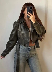 ZARA Molly Mae KHAKI CHARCOAL CROP OVERSIZED BELTED FAUX LEATHER BIKER M - Picture 1 of 5