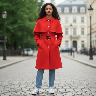 Diseñador Paul & Joe Rojo Mezcla Lana Capa y Parche Bolsillos Cierre Botón Trinchera M Foto 1 de 4