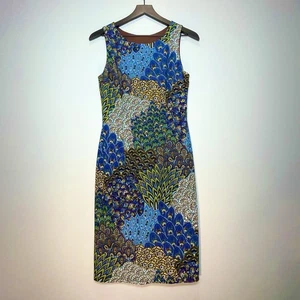 Vestido JOSEPH RIBKOFF Estampado Pavo Real Azul Marrón Amarillo Verde Sin Mangas Talla 8 - Imagen 1 de 9