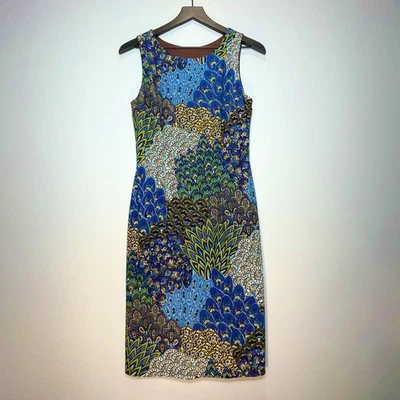 Vestido JOSEPH RIBKOFF Estampado Pavo Real Azul Marrón Amarillo Verde Sin Mangas Talla 8 Foto 1 de 4