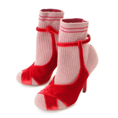Botas Calcetín FENDI ROCKOKO Talla 38 Rosa y Rojo Tejido Terciopelo Correa con Caja Foto 1 de 4