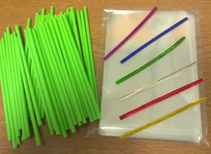 50 x 150mm 6" GREEN PLASTIC LOLLIPOP STICKS CAKE POP KIT BAGS & TWISTTIES - Picture 1 of 8
