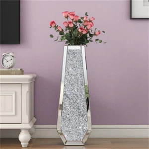 Large Tall Crushed Diamond Floor Vase Silver Glass Mirror Vases for Pampas Grass - Picture 1 of 18