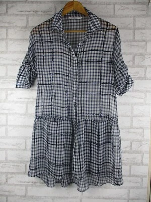 Vestido Camisa Zara Basic Mujer XS Azul Blanco Estampado Cuadros Manga 3/4 Cuello en V  Foto 1 de 4