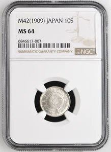 JAPAN - SPECTACULAR MEIJI, MUTSUHITO SILVER 10 SEN, 1909, NGC GRADED MS64 - Picture 1 of 2