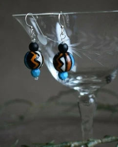 Ohrringe Azteken Stil Porzellan, Türkis, Onyx, Sterling oder Niob Ohr Drähte - Bild 1 von 7