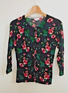 Cárdigan Suéter Garnet Hill 100% Lana Talla S Floral Azul Manga 3/4 Tejido Fino - Imagen 1 de 12