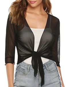 Womens 3/4 Sleeve Sheer Mesh Shrug Tie Front Cropped Bolero Cardigan Black Large - Picture 1 of 7