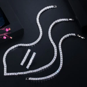 Gorgeous Silver Plated CZ Bridal Square Necklace Earrings Bracelet Jewelry Set - Imagen 1 de 8