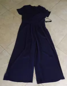 REDUCED! Haute Monde Woman's Size M-L Loose Fit WIDE Legs Navy Zip Jumpsuit NWT - Picture 1 of 8