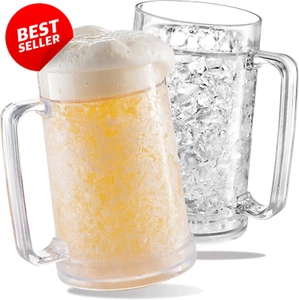 Freezer Beer Mugs Double Wall Insulated Gel Plastic 16oz Clear 2 Pack Chiller Fr - Picture 1 of 9