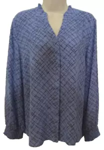Elle Women's Large Blue and Black Button Up V Neck Blouse - Picture 1 of 6