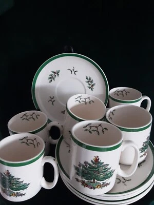 Spode Christmas Tree S 3324 F Dessert Plate & Mug Set Of 6 Pair. England - Image 1 of 4