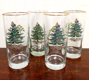 4 VTG Spode CHRISTMAS TREE Highball Glasses 16oz TUMBLERS 22K Gold Rim FAST SHIP - Picture 1 of 11