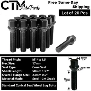 20x Black 14x1.5 Cone Seat Wheel Lug Bolts 50mm Shank Fit Ferrari Bugatti Model - Picture 1 of 5