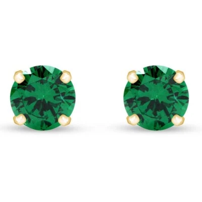 Brincos de solitário 6,5 mm redondos simulados verde esmeralda ouro amarelo 14K - Imagem 1 de 4