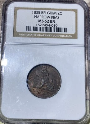 Bélgica 1835 2 centavos MS62 llantas estrechas Foto 1 de 3