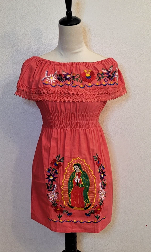 Virgen de Guadalupe 10 Peach Embroidery Mexican Girl Dress /Our Lady of Guadalup - Image 1 of 3
