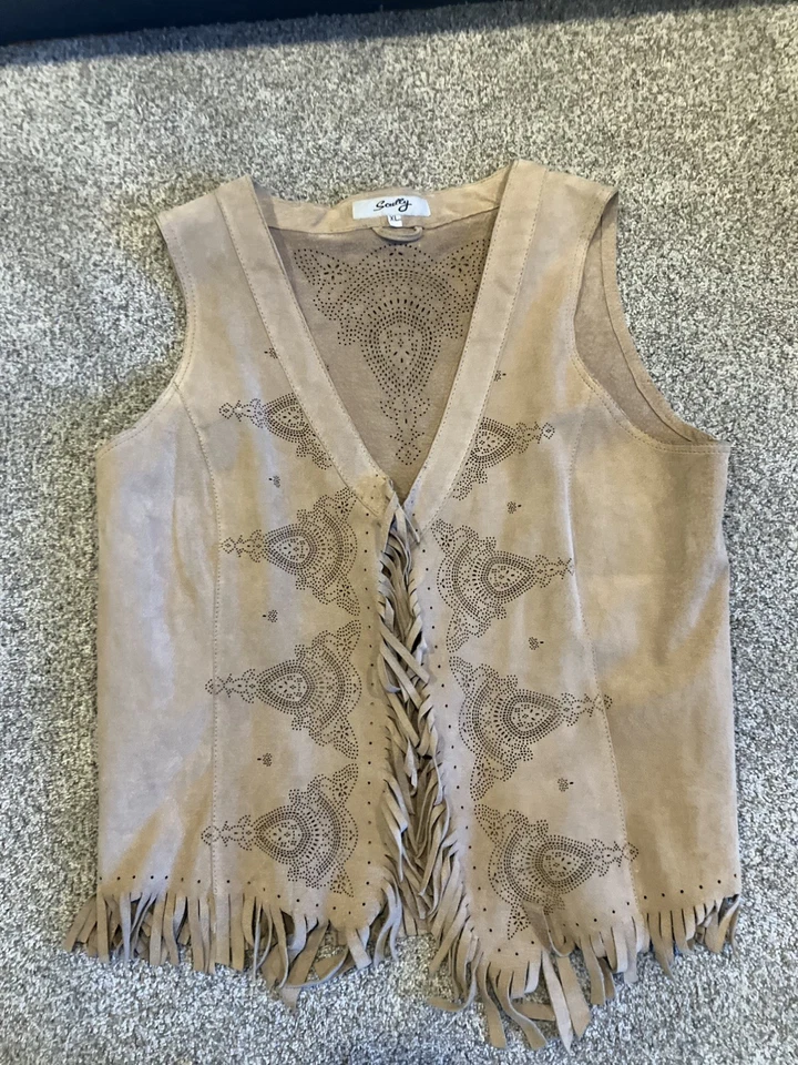 Chaleco para mujer Scully 100 % cuero genuino detallados cortes láser y flecos talla L Foto 1 de 4