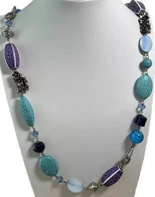 Premiere designs necklace long chunky silver tone chain/ purple beads - Image 1 of 4
