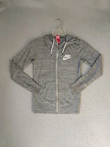 Nike Womens Sweatshirt Small Gray Full Zip Hooded Long Sleeve Swoosh Activewear - Picture 1 of 11