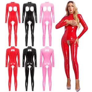 Women's Sexy Latex Leather Jumpsuit Rompers Long Sleeve Hollow Out Bodysuit - Picture 1 of 45