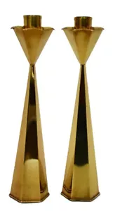 MCM Hexagonal Modernist Brass Art Deco Style Tulip Candlesticks Holders S/2 - Picture 1 of 6