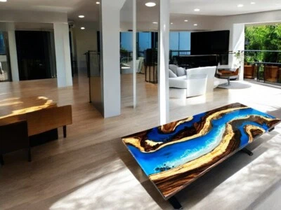Blue Ocean Epoxy Resin Table, Custom Dining Table, Live Edge Resin Table Top Dec - Image 1 of 4