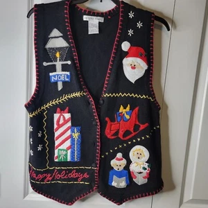 Victoria Jones Vintage Christmas Sweater Vest Women's L Black Embellished Button - Picture 1 of 11
