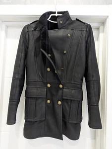BALMAIN Military Black Nubuck Leather Shearling Bomber Button Coat Biker Jacket - Picture 1 of 17