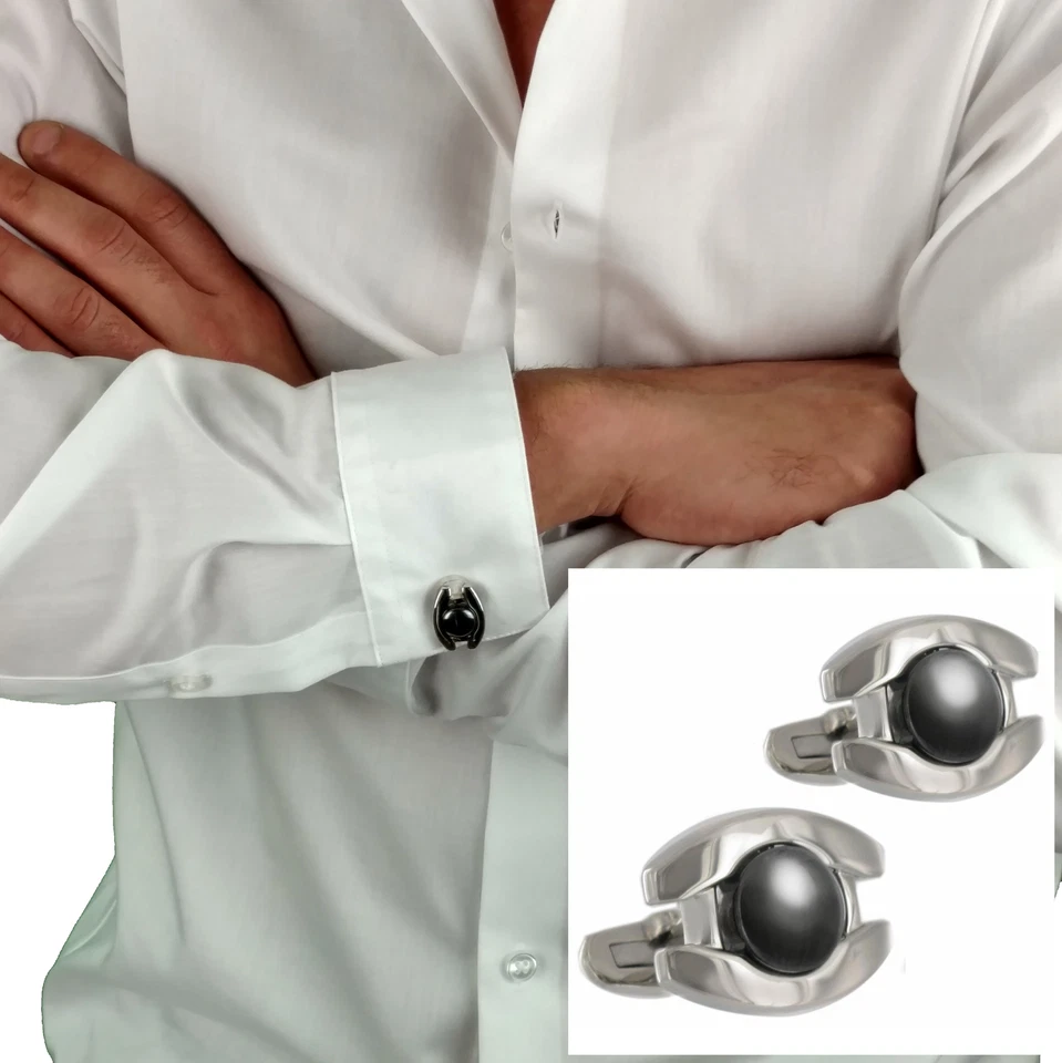 Rochet Hematite Cufflinks Whaleback Stainless Steel Round - Image 1 of 3